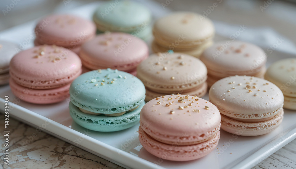 Fototapeta premium Delicate macarons in pastel colors on a white tray, with a bright and airy feel.