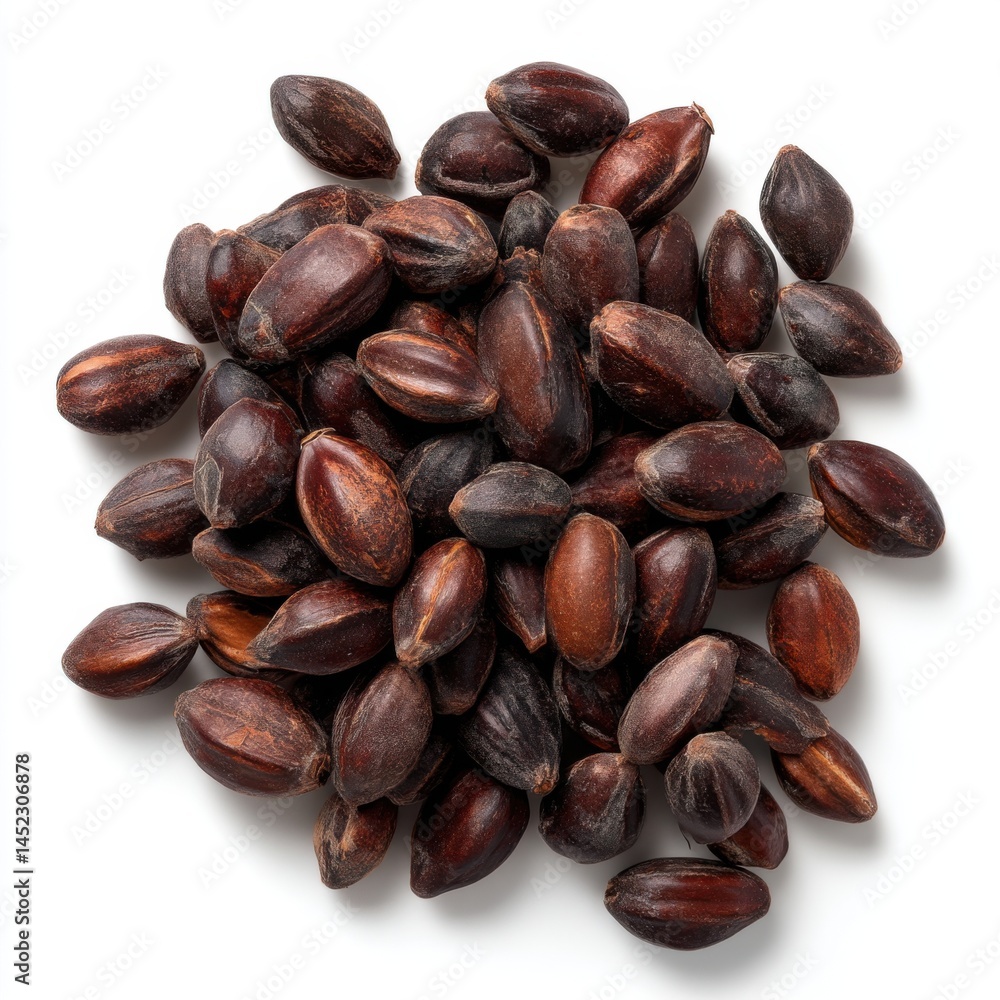 Obraz premium Argan Seeds Pile on White Background - Raw Argania Spinosa Nuts for Cosmetic Oil Production, Moroccan Ingredient, Organic Skincare, Beauty Industry