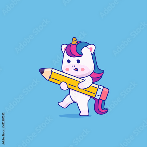 Vector illustration of cute cartoon unicorn carying a pencil. Animal and hobby icon concept Isolated. Babby unicorn in flat cartoon style.