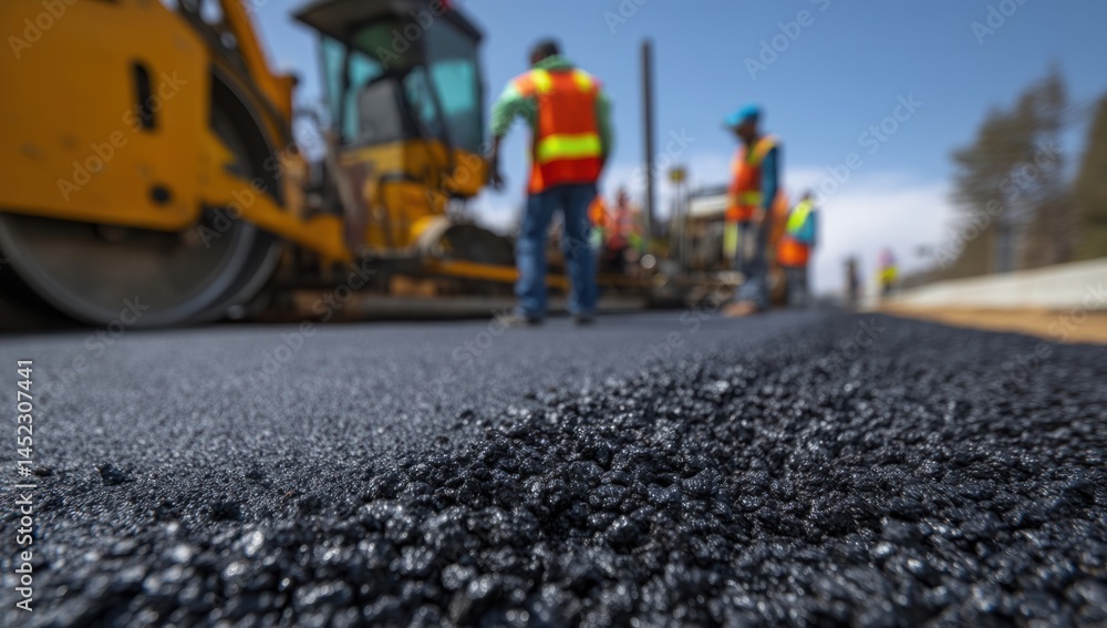 Workers Laying Fresh Asphalt Pavement on New Road Construction Site, Heavy Machinery in Action Workers Laying Fresh Asphalt Pavement on New Road Construction Site, Heavy Machinery in Action