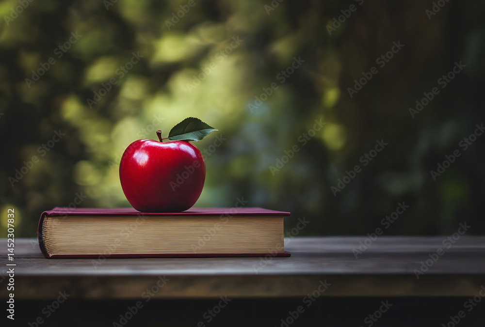 Red apple resting on closed book placed outdoors in soft daylight, surrounded by green foliage in background, symbolizing peaceful learning, natural simplicity, and seasonal reflection.