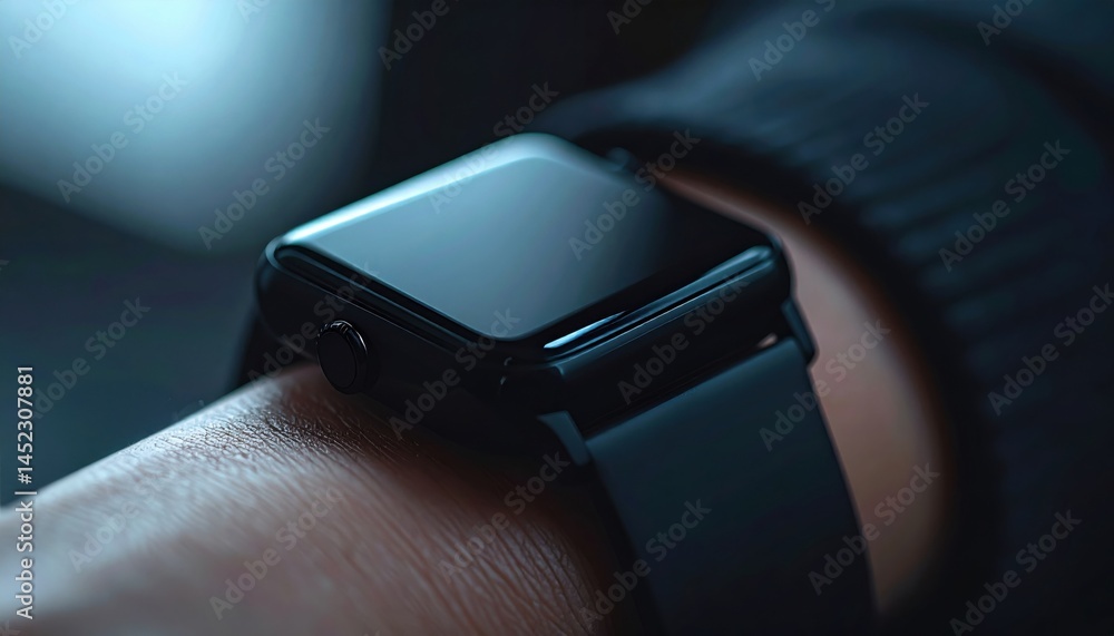 Close-up of a black smartwatch on a wrist with dark clothing in soft ambient light, concept of modern wearable technology and lifestyle tracking Close-up of a black smartwatch on a wrist with dark clothing in soft ambient light, concept of modern wearable technology and lifestyle tracking