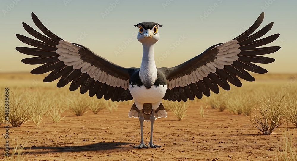 Fototapeta premium Cartoonish kori bustard with open wings in a savannah style environment