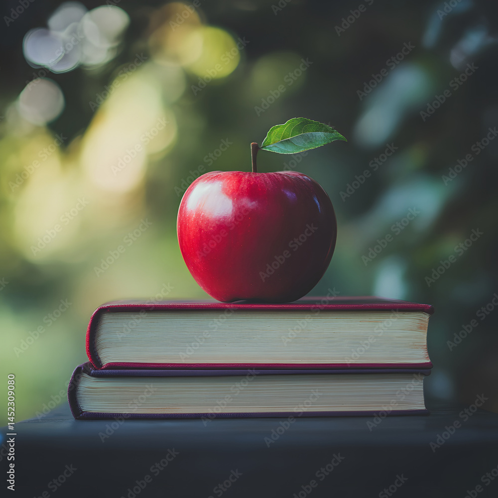Red apple resting on closed book placed outdoors in soft daylight, surrounded by green foliage in background, symbolizing peaceful learning, natural simplicity, and seasonal reflection.
