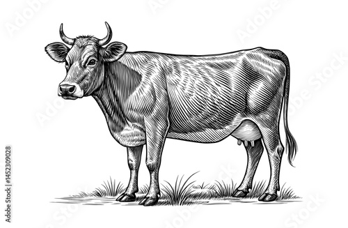 Vintage Cow Vector Illustration – Detailed Black and White Farm Animal Engraving Artwork