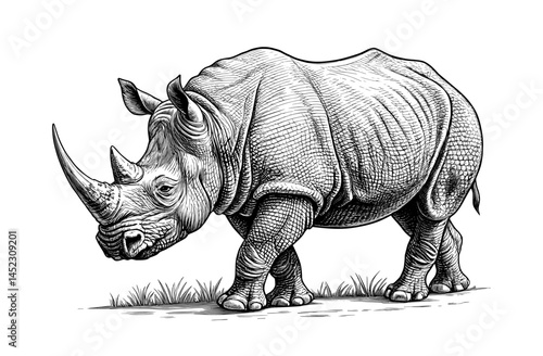 Detailed Black and White Vector Illustration of a Rhinoceros Standing on Grass