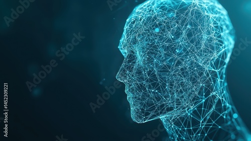 A futuristic digital human head composed of interconnected lines and nodes, representing advanced technology and artificial intelligence, against a captivating blue backdrop.