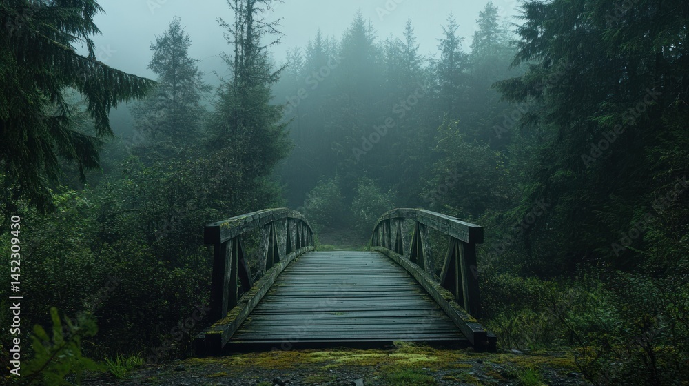 Fototapeta premium Misty forest bridge path; tranquil nature scene