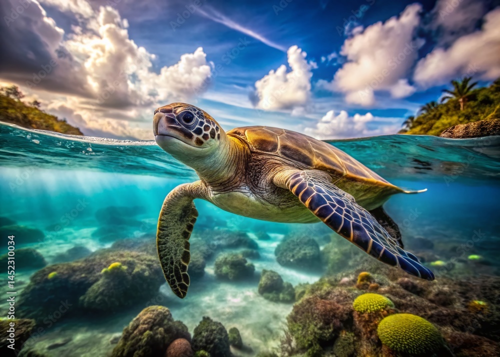 Fototapeta premium Galapagos Sea Turtle: Documentary Photography - Endangered Marine Wildlife in the Pacific Ocean