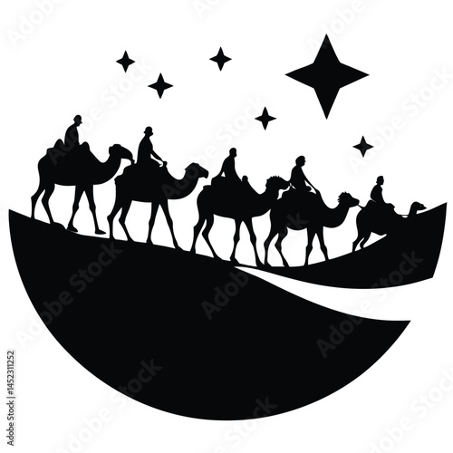 Three Wise Men Silhouette on Camels Following Star, Nativity Scene Vector Art