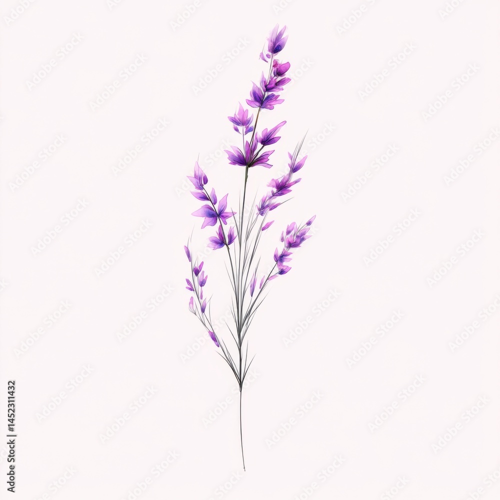 Naklejka premium Elegant Lavender Illustration: A Single Stem of Purple Flowers on White Background for Botanical Designs and Springtime Themes (Minimalist, Delicate)