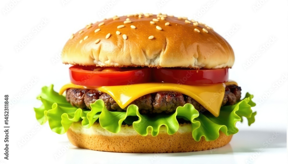 A burger, isolated on white, with lettuce and tomato , detail, closeup A burger, isolated on white, with lettuce and tomato , detail, closeup
