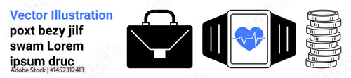 Black briefcase, smartwatch with heart symbol and heart rate, and coin stack. Ideal for finance, health tech, investment, productivity, career, fitness tracking and simple landing page
