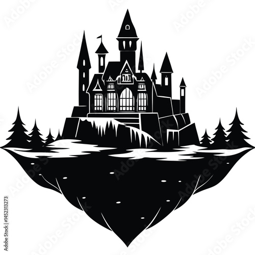Black and White Silhouette Castle on Floating Island Vector Illustration
