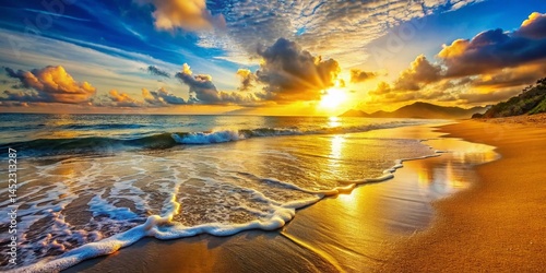 Golden Hour Beach: Calm Ocean Waves, Sunrise Sunlight, Sandy Shore
