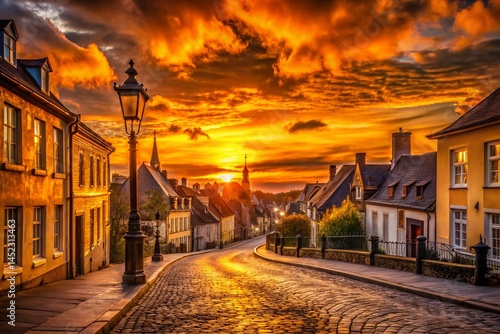Golden Hour Sunset Over Charming Town, Vibrant Sky, Cityscape