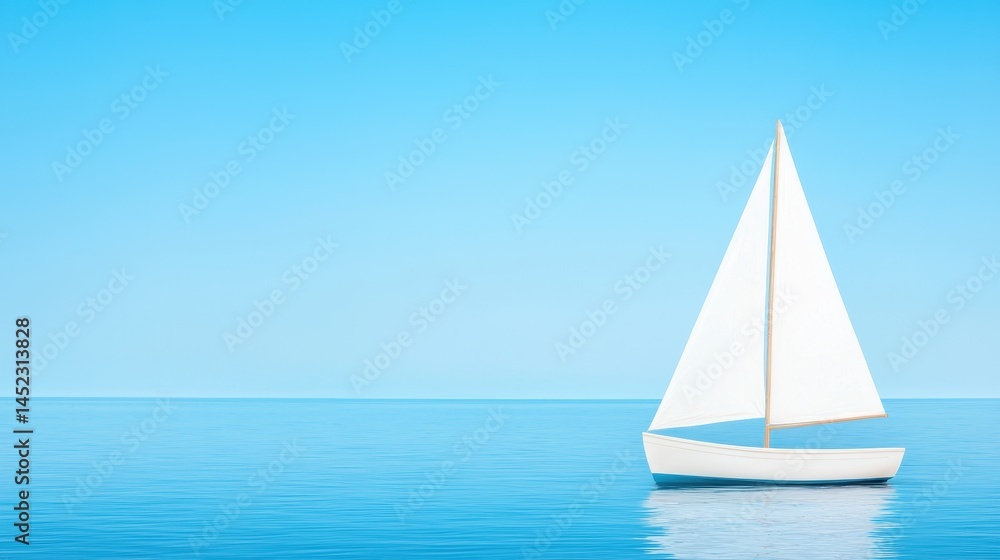 Fototapeta A serene scene featuring a lone white sailboat gliding across calm blue waters under a clear sky, perfect for evoking feelings of peace, adventure, and relaxation.