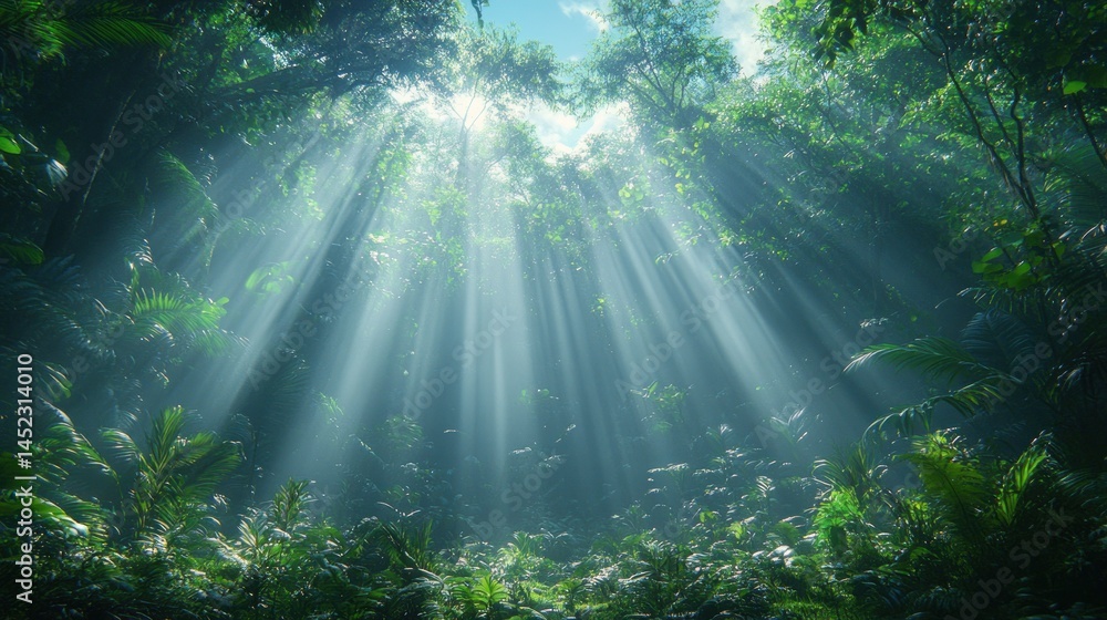 Fototapeta premium Sunbeams Illuminating Lush Rainforest Canopy
