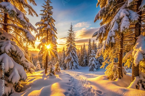 Golden Sunrise Winter Forest Snow Landscape Photography