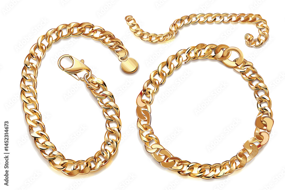 Obraz premium Golden chain round border frame. Wreath gold circle shape. Realistic illustration isolated on a white background. 