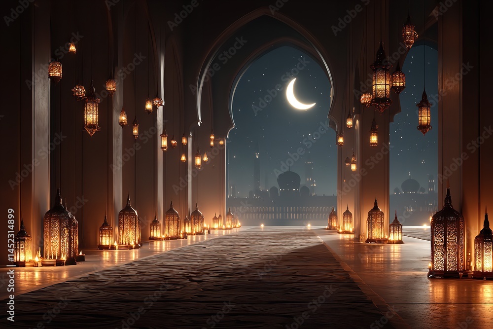 Fototapeta premium Islamic backdrop including a mosque and moon lights during Ramadan Eid al-Adha and Eid ul Fitr Happy Eid Milad Muharram. Generative Ai