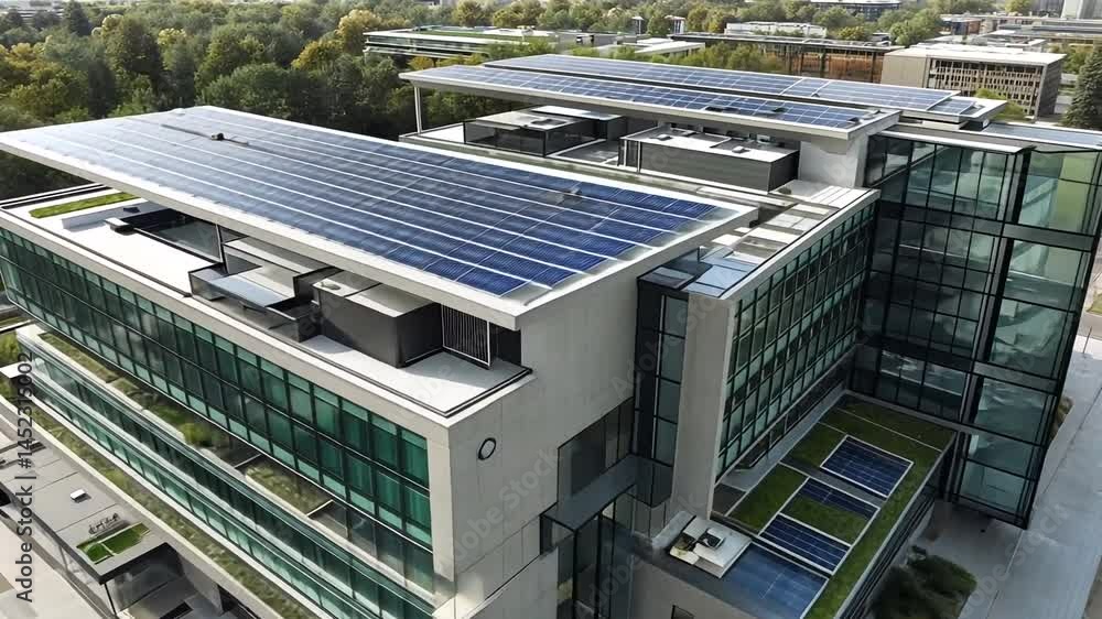 Modern office building with solar panels and greenery Modern office building with solar panels and greenery