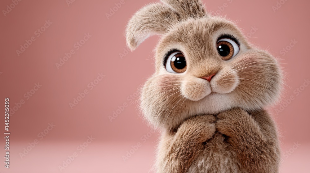 Naklejka premium The rabbit with large expressive eyes sits with its paws on its chin, displaying an endearing and curious expression. The soft pink background enhances its charm and playful demeanor