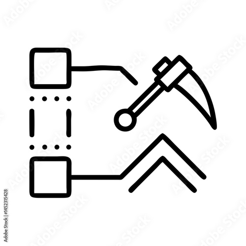 Data Mining Icon with Server Stack and Pickaxe,A black outline icon illustrating data mining with a pickaxe and server stack, ideal for technology and data-related designs
