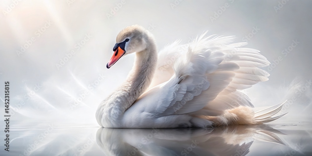 Fototapeta premium Graceful Young Swan Posing Against Pure White Background - Aerial View