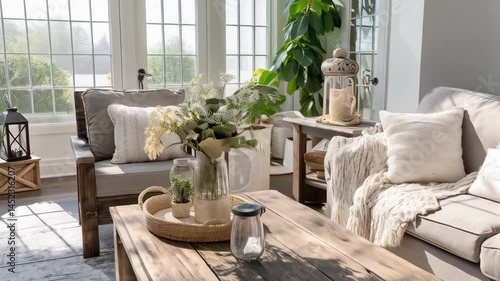 Cozy sunroom interior with rustic wooden furniture, comfortable seating, plants, and natural light flooding the serene living space