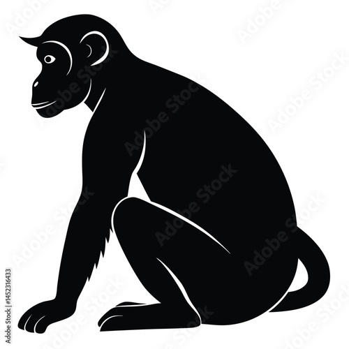 Silhouette vector of a monkey sitting, depicting a chimpanzee primate in black and white