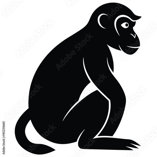 Silhouette vector of a monkey sitting, depicting a chimpanzee primate in black and white