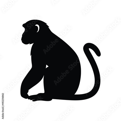Silhouette vector of a monkey sitting, depicting a chimpanzee primate in black and white