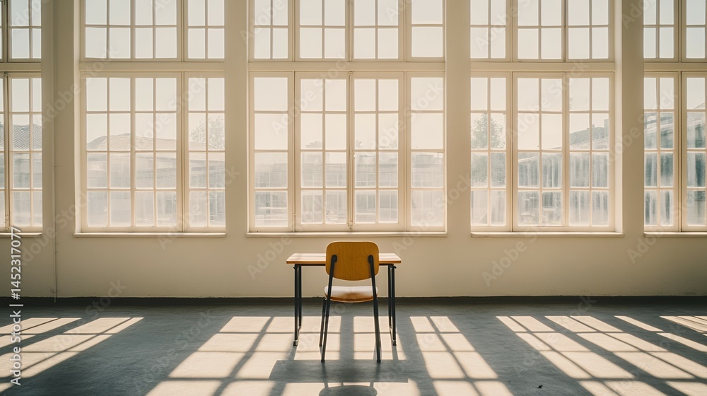 A lone school desk and chair sit in front of large windows casting shadows across the floor of the room A lone school desk and chair sit in front of large windows casting shadows across the floor of the room