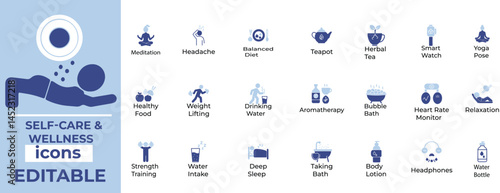 Clean, editable self-care and wellness icons ideal for health, mindfulness, spa, lifestyle, and mental well-being designs