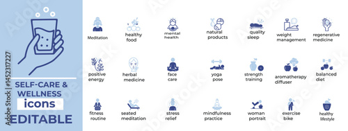 Clean, editable self-care and wellness icons ideal for health, mindfulness, spa, lifestyle, and mental well-being designs
