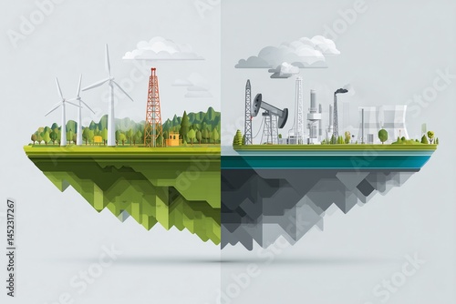 Energy Crossroads: A visually striking, abstract illustration depicting the contrasting realities of renewable and fossil fuel energy sources. The image highlights a divided island.