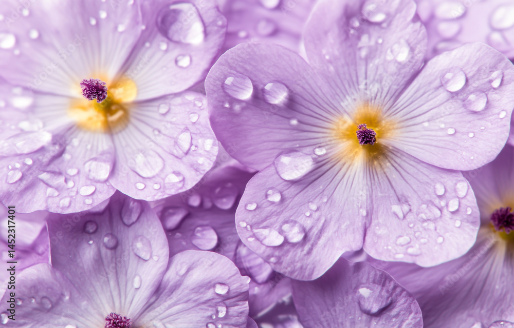 Obraz premium A close-up of delicate purple flowers with morning dew, set against a soft pastel background, creates an enchanting
