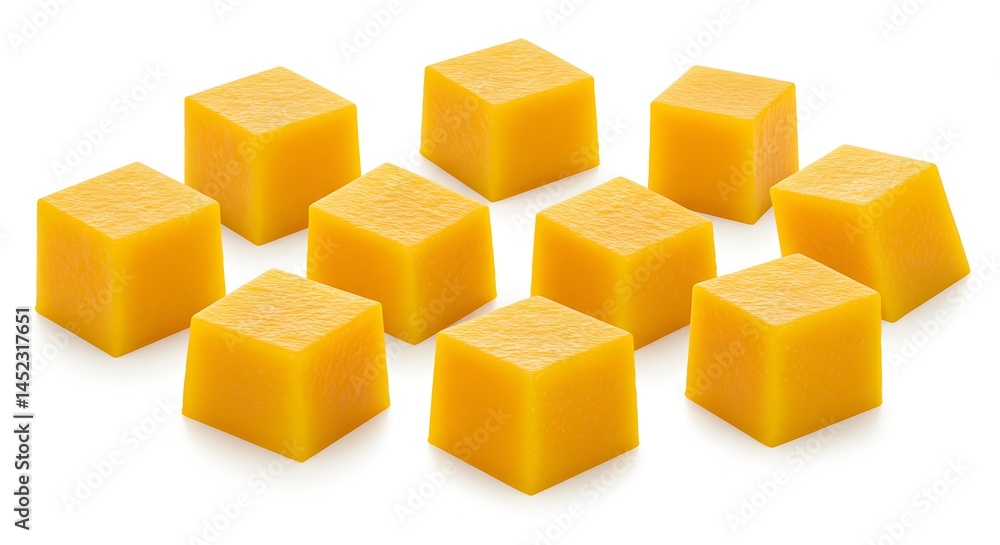 Mango cubes floating on clean white background Mango cubes floating on clean white background
