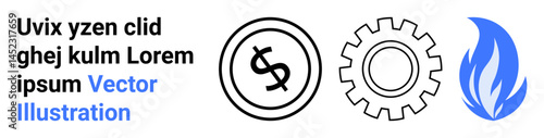 Black currency symbol within a circle, black gear, and blue flame icon. Ideal for finance, industry, innovation, energy, economics digital systems creative design. Abstract line flat metaphor