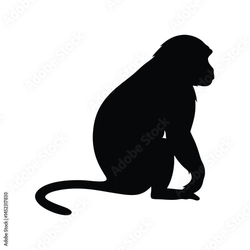 Silhouette vector of a monkey sitting, depicting a chimpanzee primate in black and white