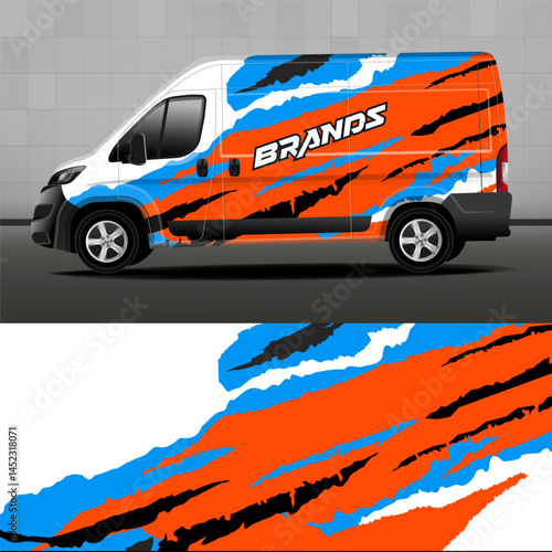 Cargo Van Wrap Designs. Graphic Abstract Blue, Orange and Black Stripes and Scratches for Car Branding. Modern Camouflage Design for Vinyl Car Wraps.