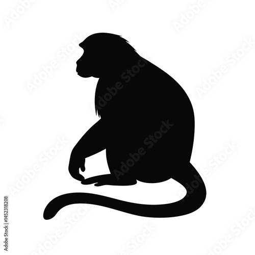 Silhouette vector of a monkey sitting, depicting a chimpanzee primate in black and white