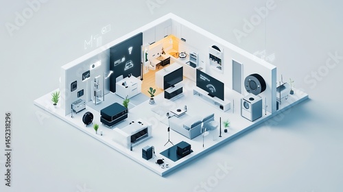 Illustration of the Internet of Things concept through a smart home environment, showcasing a variety of connected devices and appliances. Captured from a low angle with a wide-angle lens