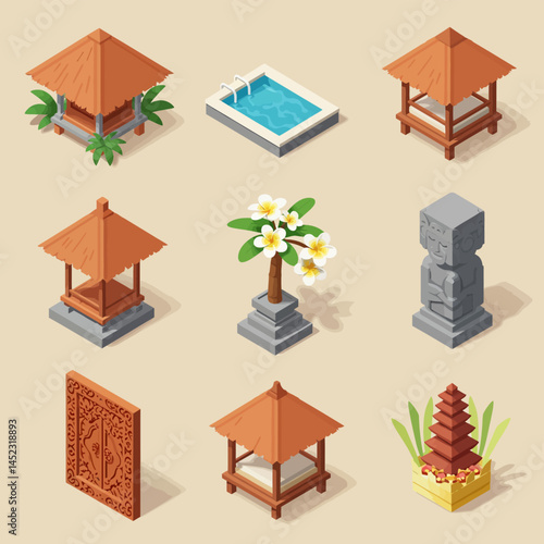 Bali Isometric Icon Set Beige.