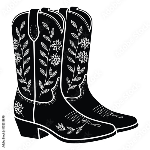 Embroidered cowboy boots Silhouette, Vector, Icon, Logo, White Background.