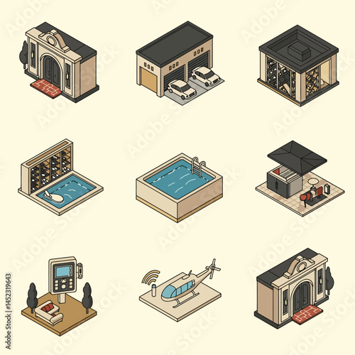 Luxury mansion elements isometric icon set 