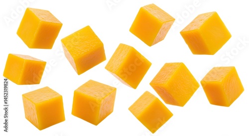 Mango cubes floating on clean white background