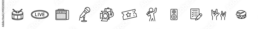 Fototapeta premium Music icons set: drums, microphones, speakers, and more. Vector icons