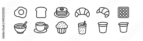 Breakfast icons: eggs, bread, pancBreakfast icons: eggs, bread, pancakes, croissant, waffleakes, croissant, waffle
